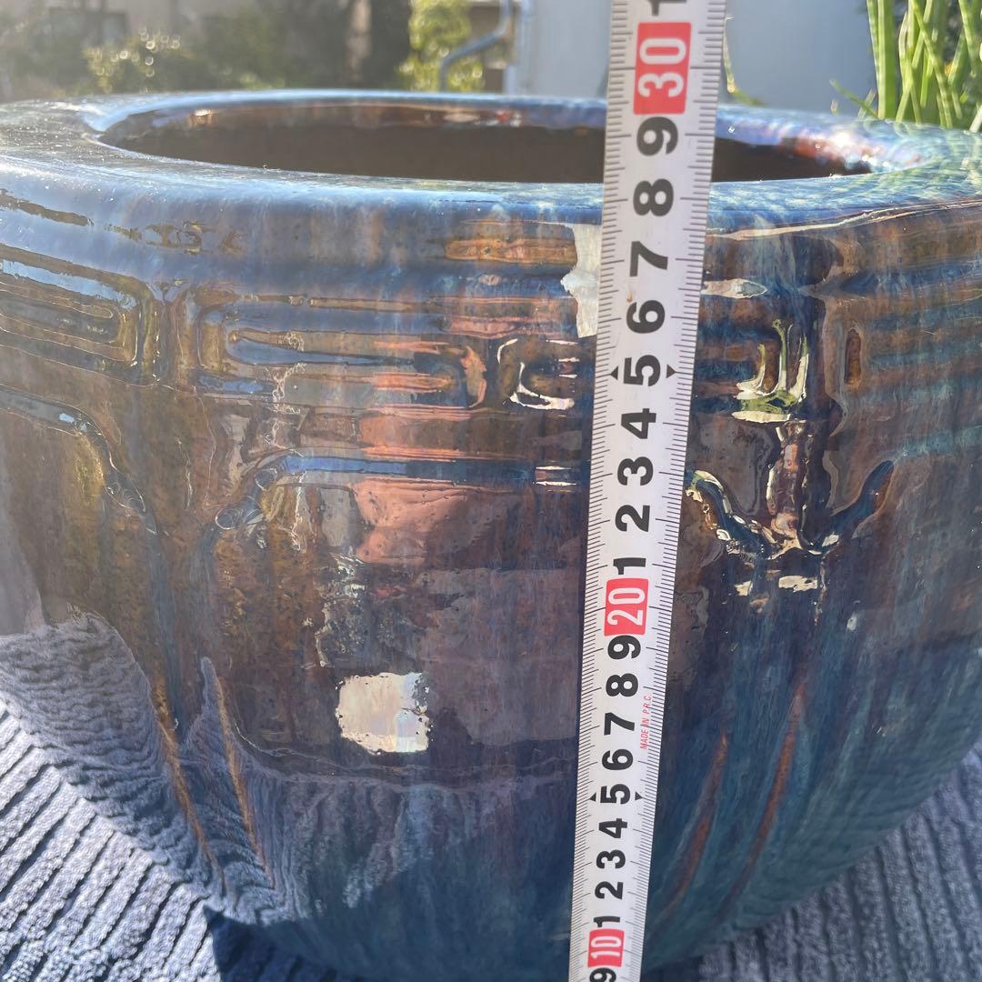 昭和レトロ 陶器製 海鼠釉 12角形 火鉢　メダカ鉢 38×28