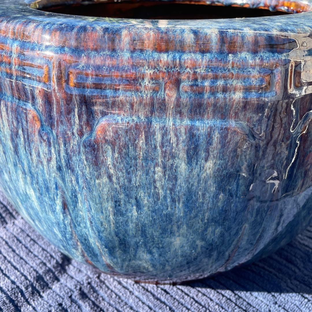 昭和レトロ 陶器製 海鼠釉 12角形 火鉢　メダカ鉢 38×28