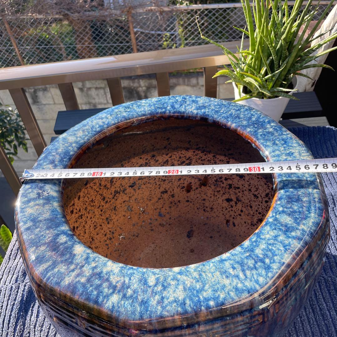 昭和レトロ 陶器製 海鼠釉 12角形 火鉢　メダカ鉢 38×28