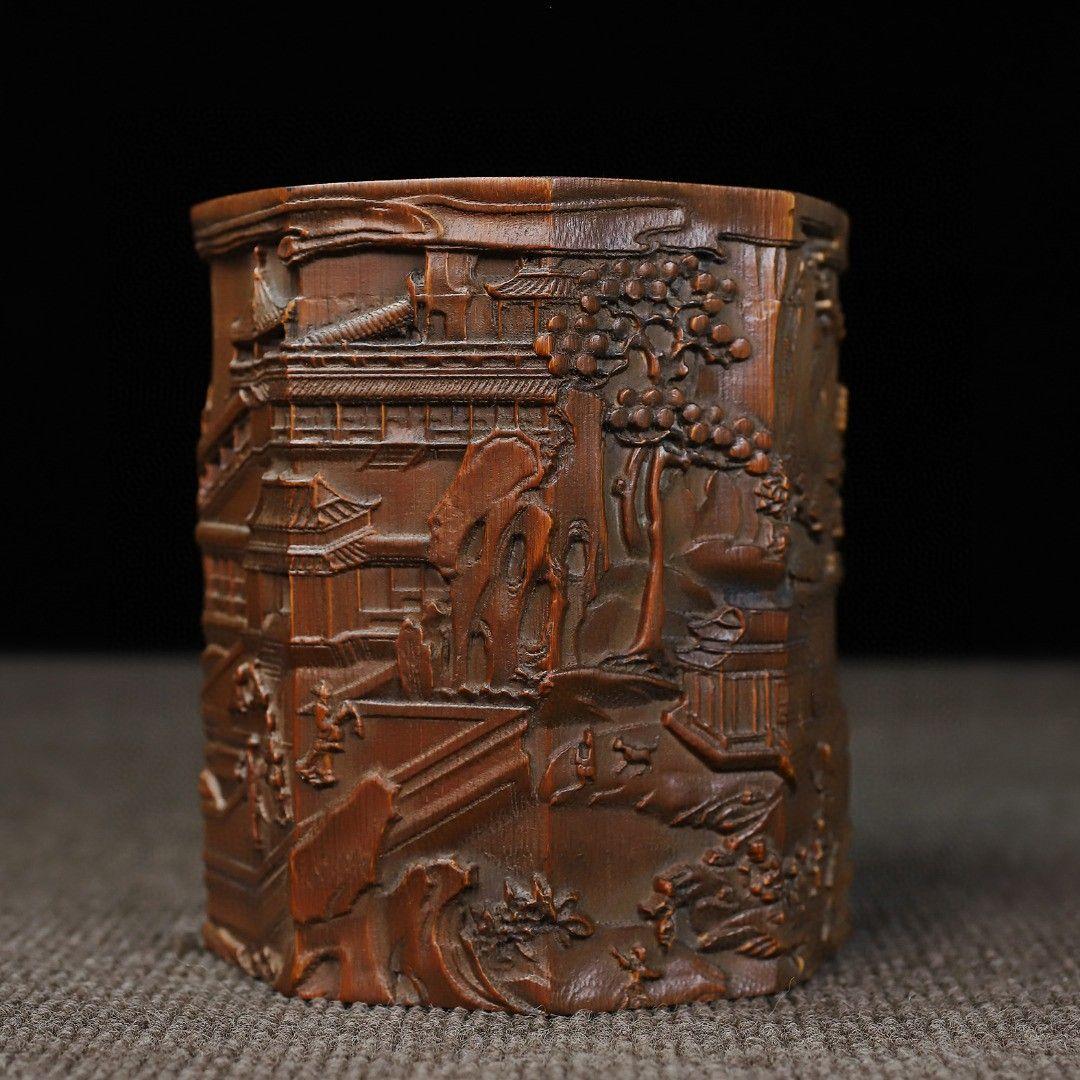 竹 彫刻 亭台楼閣筆箱 書道具 文房具 現代工芸品 美術品 置物