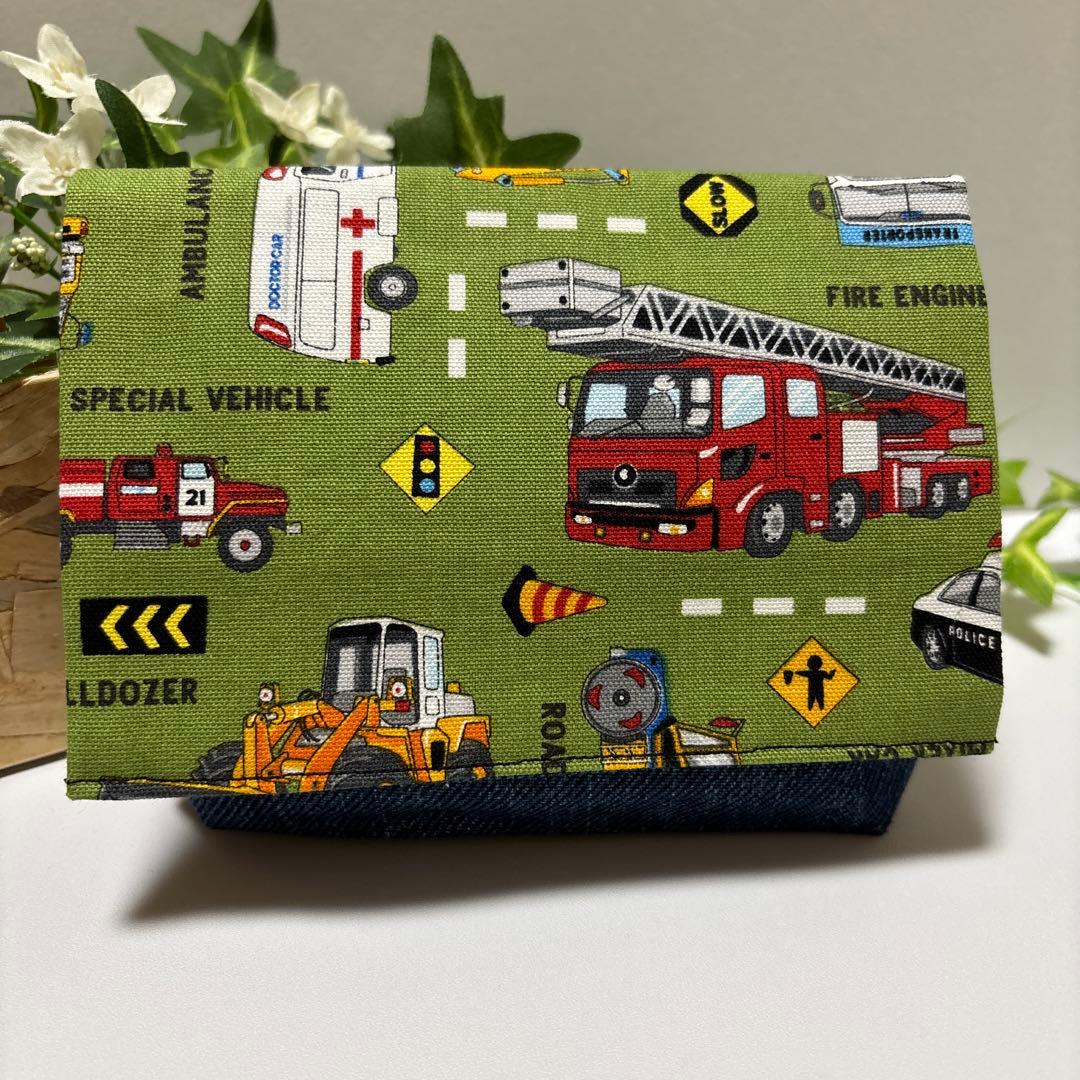 ハンドメイド移動ポケット(マチあり)★男の子　大きな働く車(グリーン)