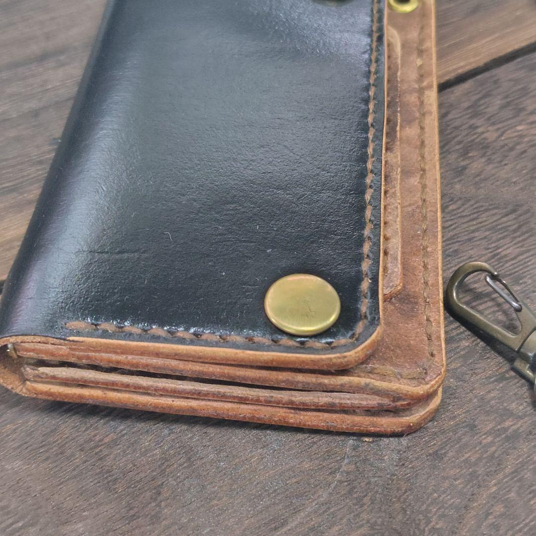 ミドルサイズ トラッカーウォレット 黒×ムラ茶 バラのハート(76)