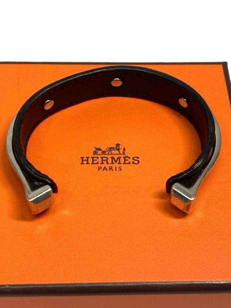 HERMES エルメス　レザー　シルバー金具　バングル　ブレスレット　ブラック