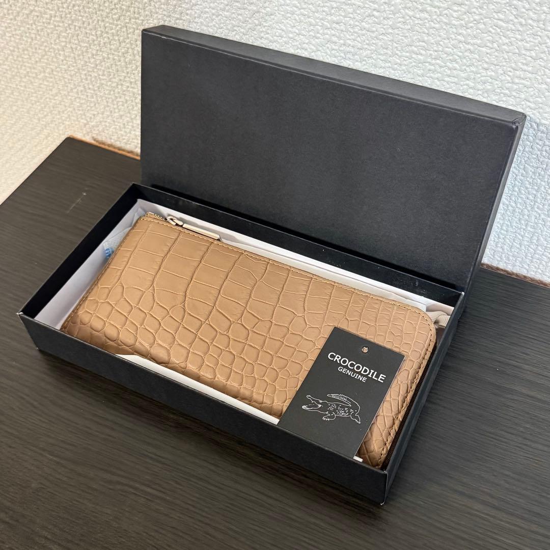 未使用品 本物 マット加工 クロコダイル本革 長財布 サンドベージュ L字