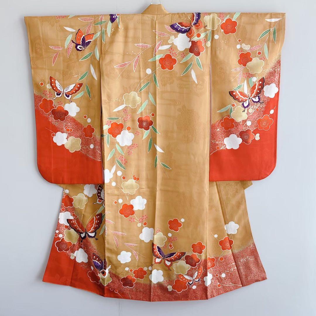 上品　フルセット　七五三　７歳女の子　黄土色赤蝶　金地袋帯　長襦袢付小物7079