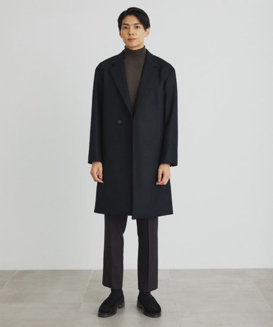 【美品】PUBLIC TOKYO メルトン ダブル チェスターコート ウール 黒