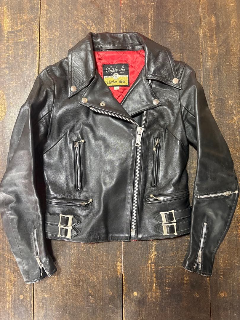 旧タグ666ブラック レザーダブルライダースジャケット 32