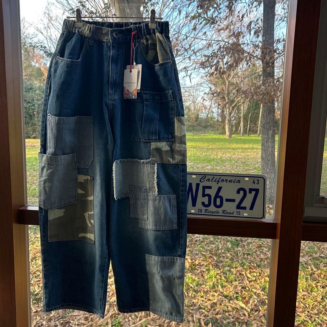 りーサン デニム×迷彩柄 パッチワークパンツ