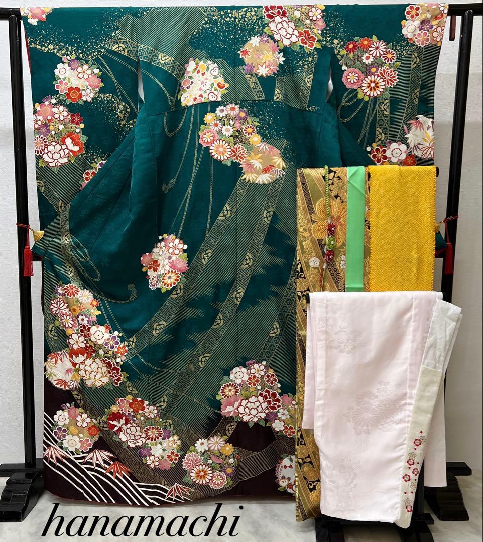 振り袖　フルセット　長襦袢付　成人式　グリーン　金彩加工　刺繍入り　744