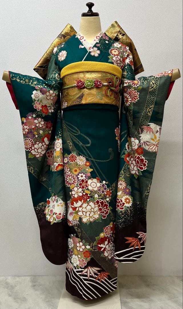 振り袖　フルセット　長襦袢付　成人式　グリーン　金彩加工　刺繍入り　744