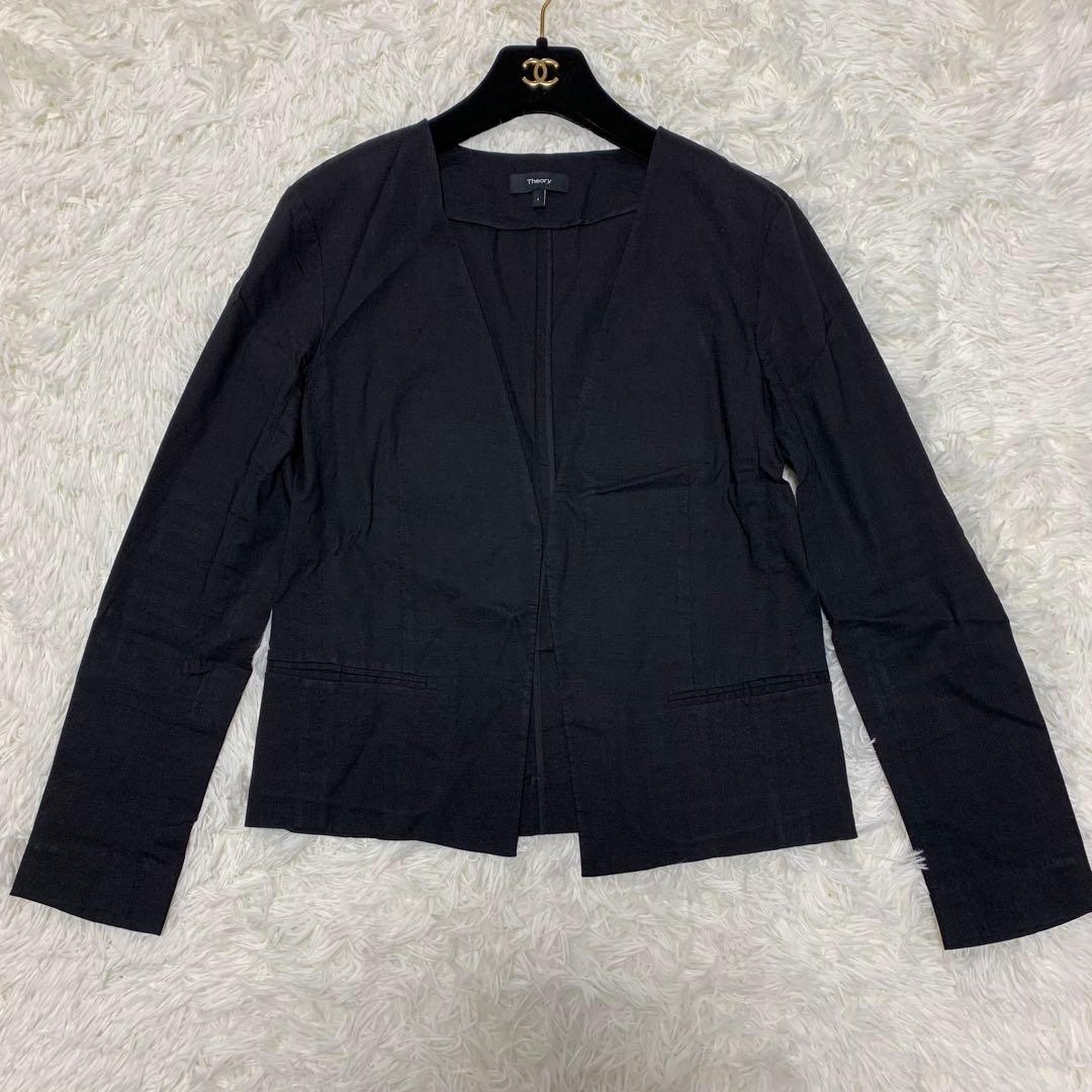 【美品】セオリー スーツ セットアップ ノーカラー リネン L ブラック
