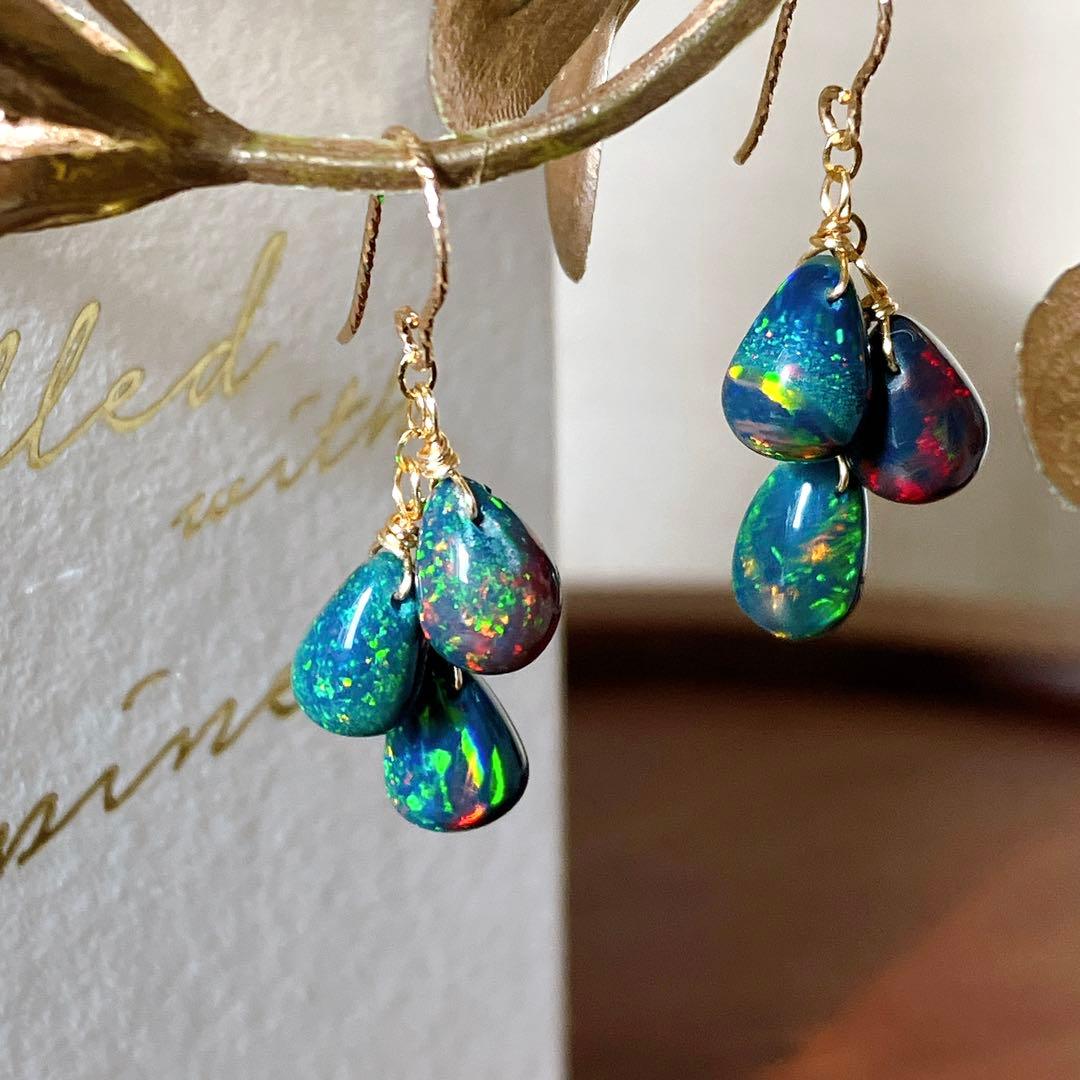 桃色の雲◆高品質✧ブラックオパールピアス✧14kgf