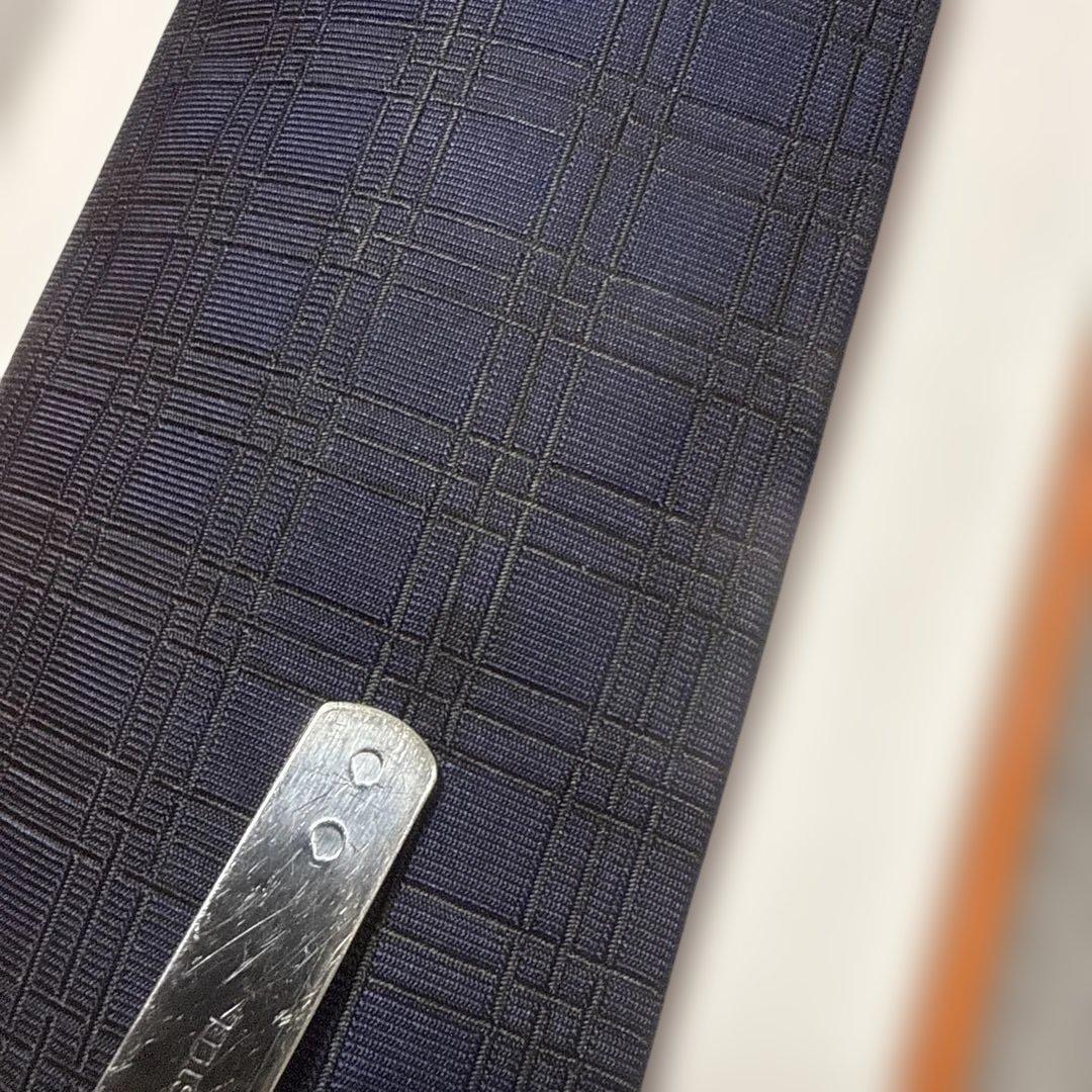 エルメス　ネクタイ　紺　チェック柄　シルクジャガード