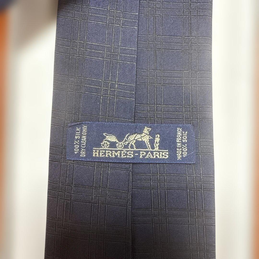 エルメス　ネクタイ　紺　チェック柄　シルクジャガード