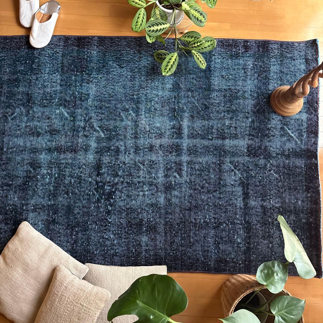 貴重110×198 デニムブルー藍色オーバーダイ　トルコヴィンテージラグ