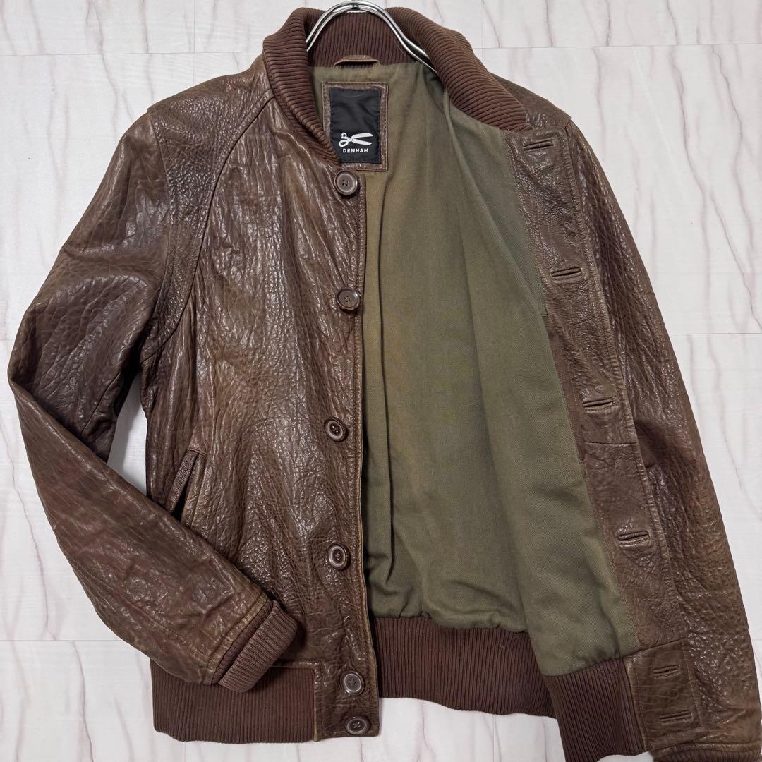 デンハム レザーブルゾン ショールカラー ボタン ブラウン Mサイズ 本革 リブ