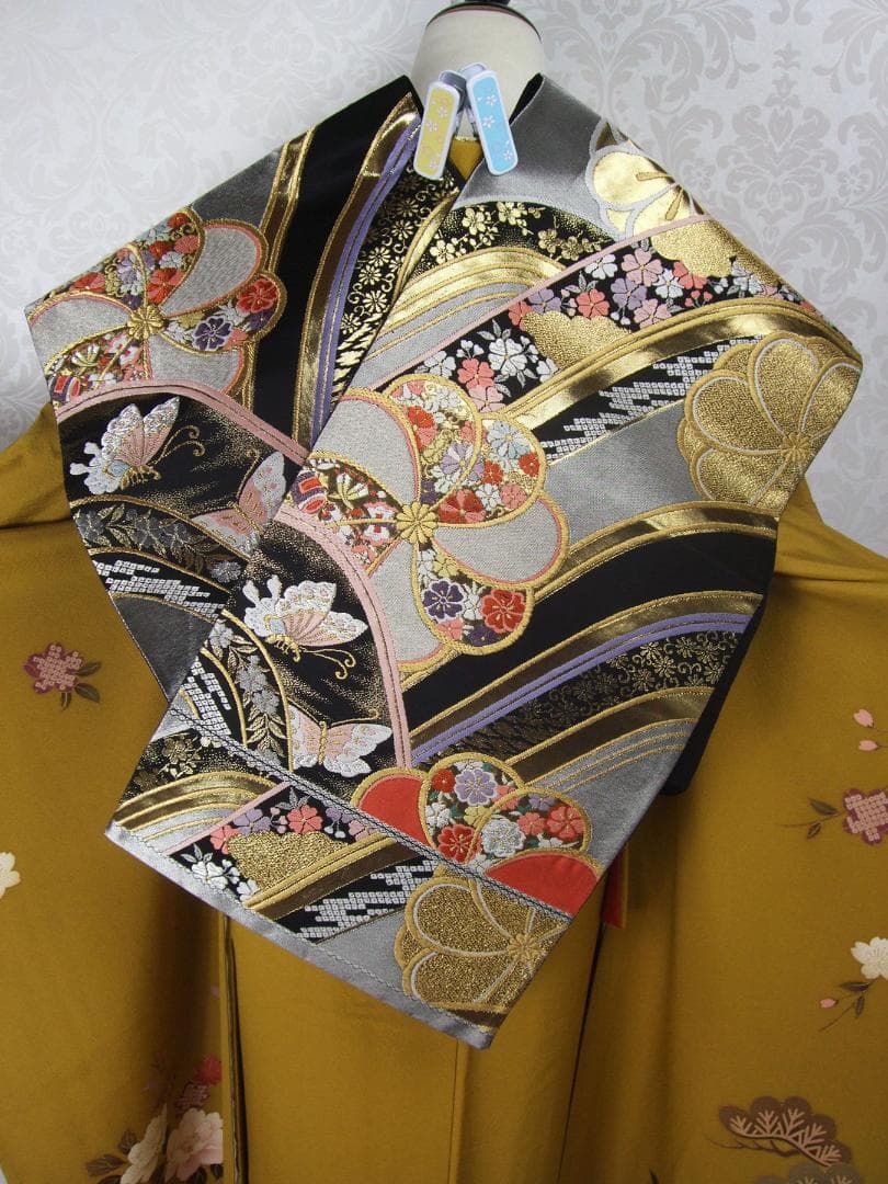 古典柄に牡丹の染め 芥子色 振袖フルセット 成人式 m14