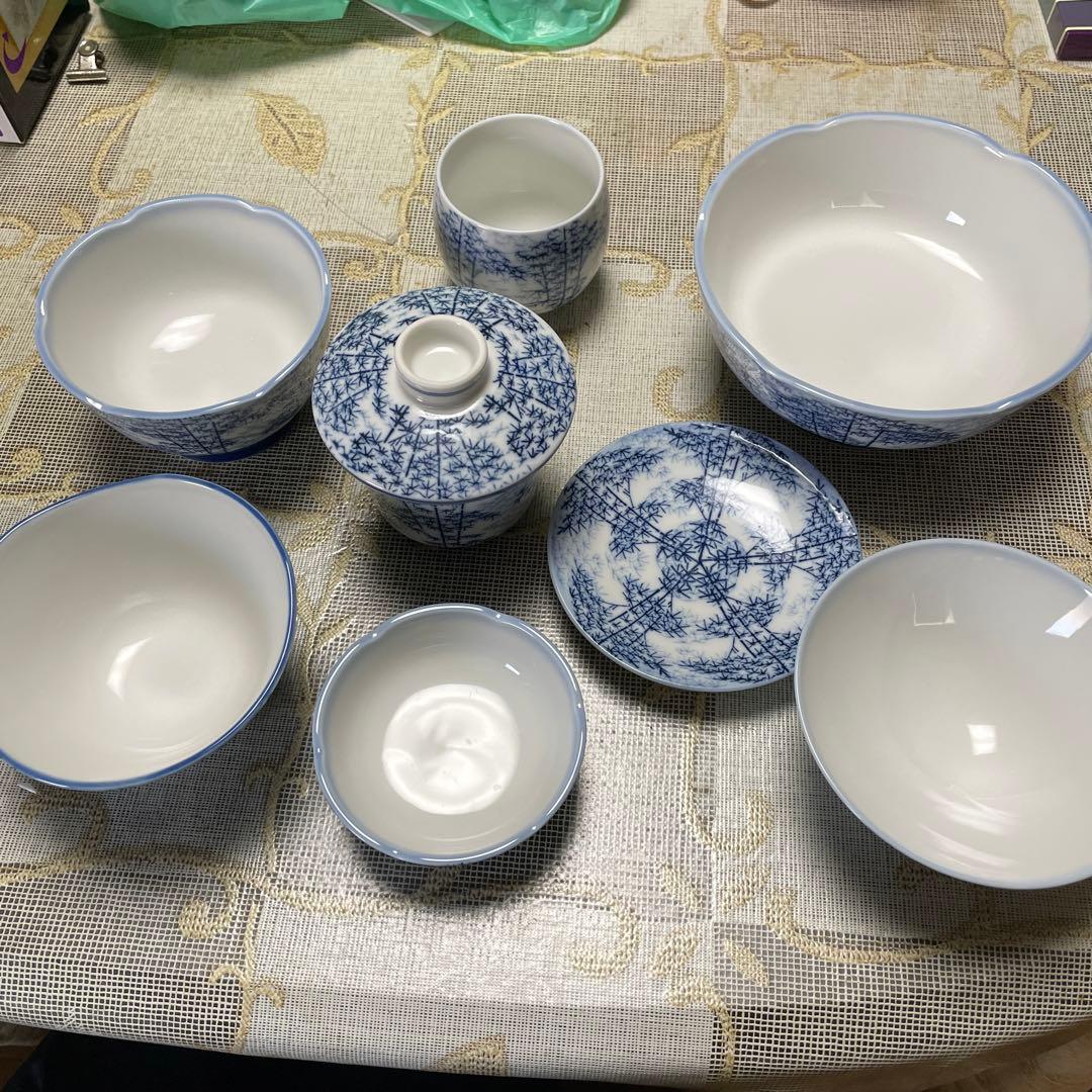 青い竹柄陶器食器セット ９点10セット