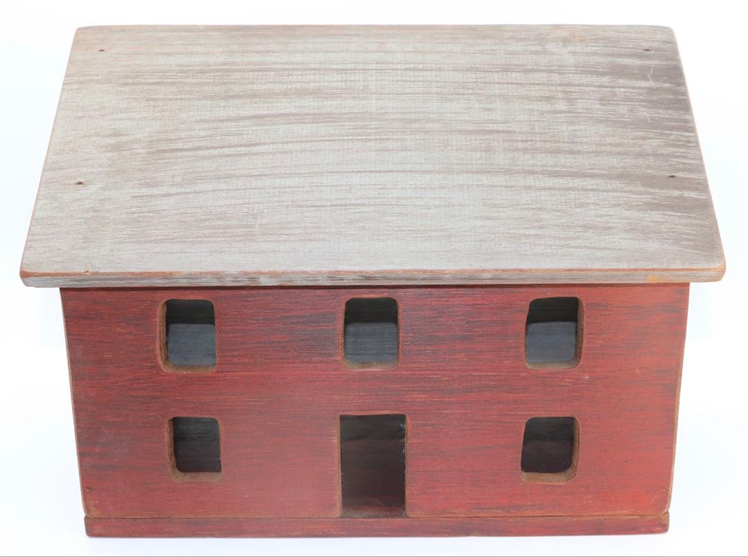 アメリカンフォーク・アート WOLF CREEK製赤と木製の家型小物入れ