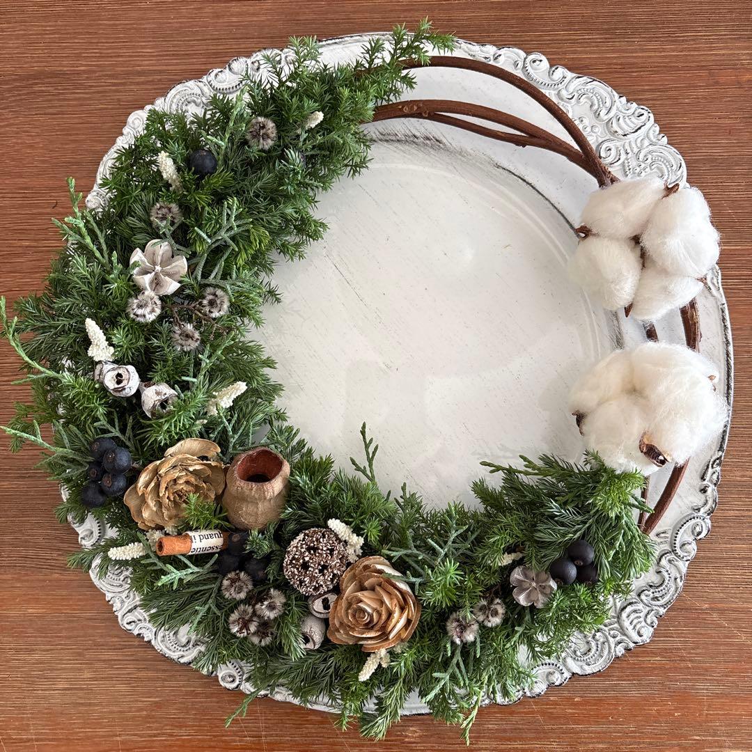 【お値下げ中】コニファーのリース　コットン　ドライフラワー
