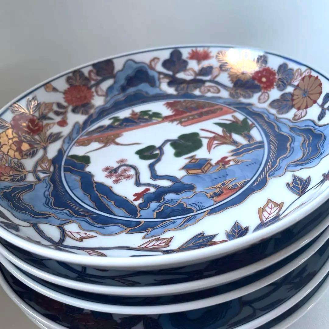 源右衛門　伊万里江戸の器　手描色絵　六寸皿深皿５客揃　古伊万里風山水見込　美品