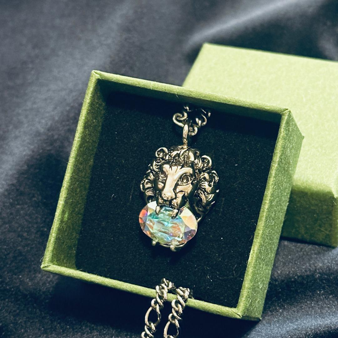 GUCCI グッチ メタルクリスタル ライオンヘッド ロングネックレス シルバー