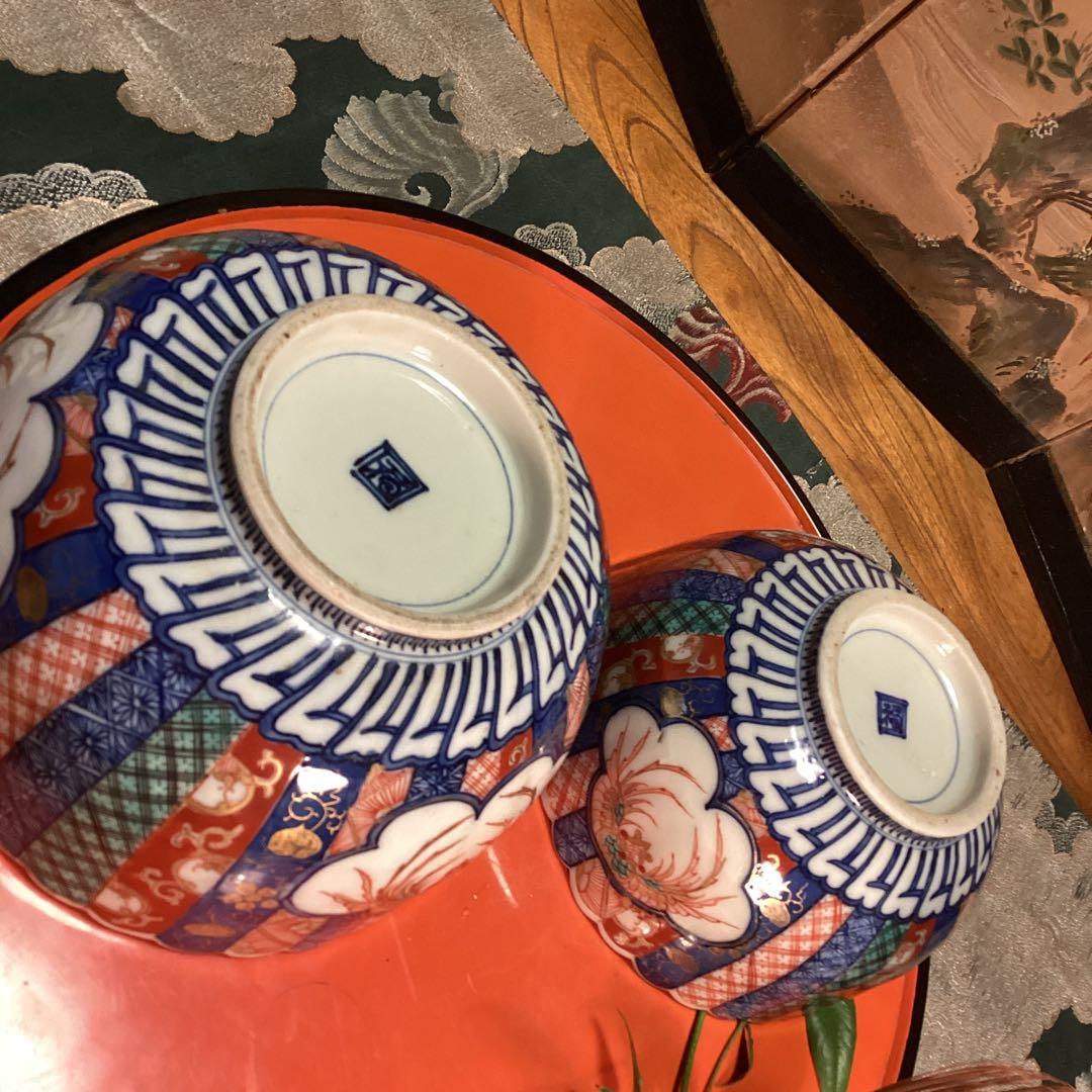 A1034 大聖寺伊万里　鉢　金襴手　菊花型　打ち抜き手　2客