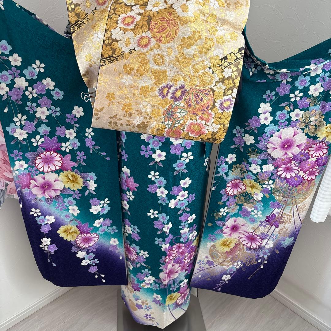 未使用に近い　正絹振袖フルセット　ガード加工有り　緑グラデーション　成人式
