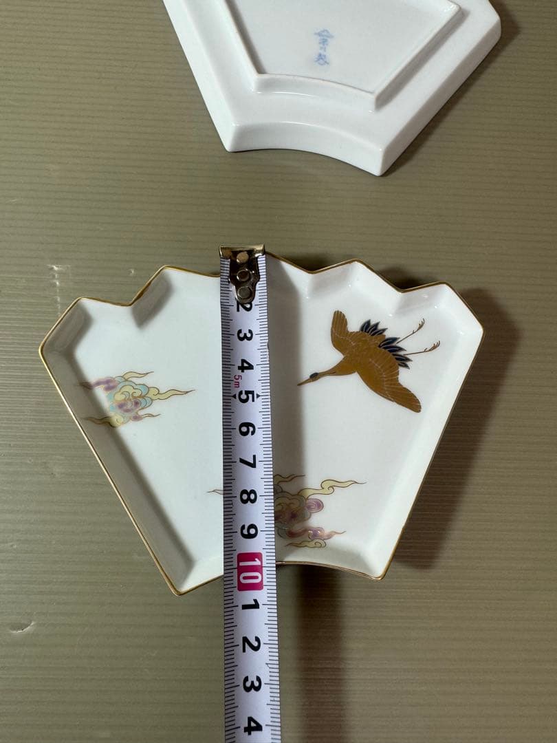 2896 深川製磁　扇型　皿　5客　金彩　鶴文　未使用