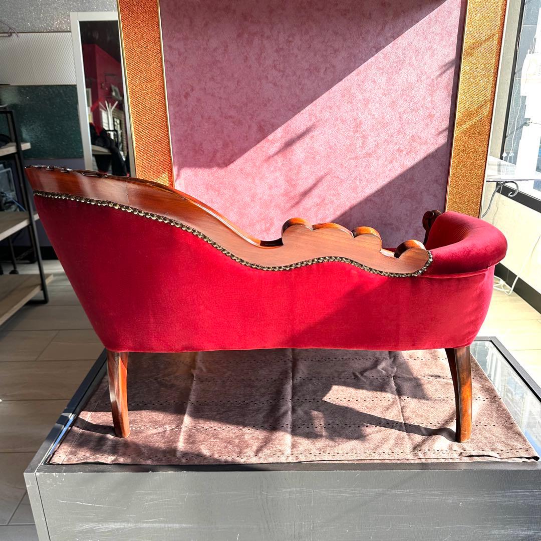 マホガニー材ベルベット調ダークレッドのベンチソファ ロココ調