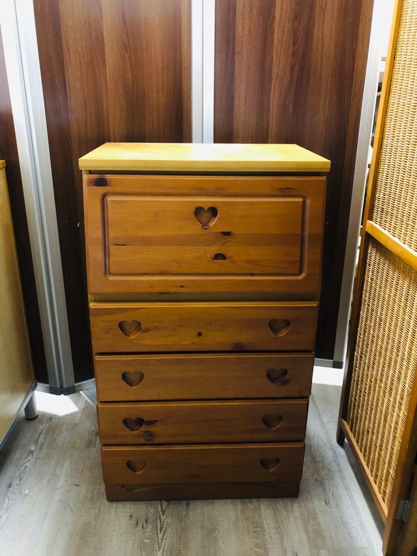 カントリー　ライティングビューロー　木製チェスト ハート型取っ手 5段