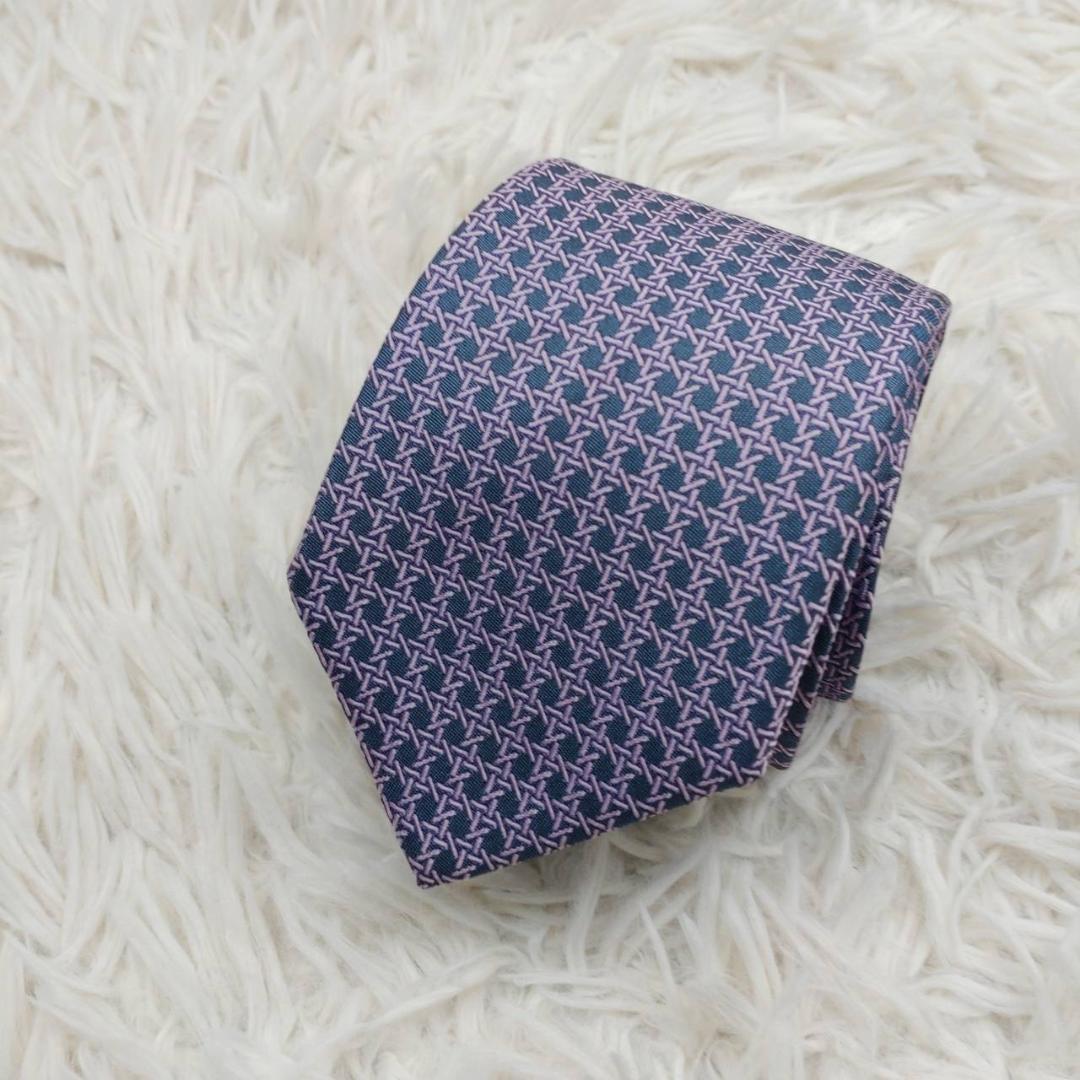 【箱入り未使用】 エルメス 高級シルクネクタイ 総柄 パープル
