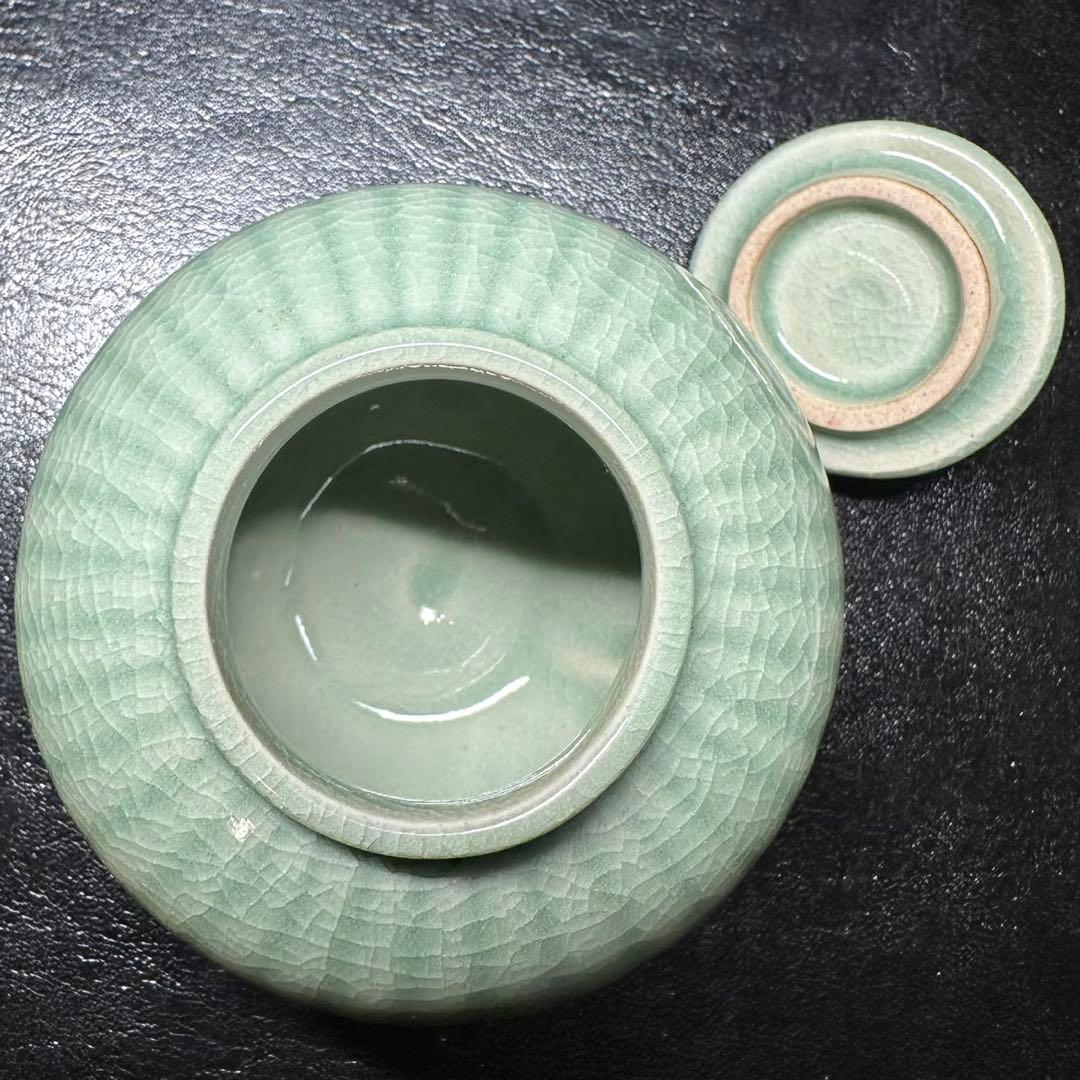 ★茶道具！高麗青磁 茶入(替蓋付)！韓国人間国宝『申 相浩』造！共箱/仕覆付！★