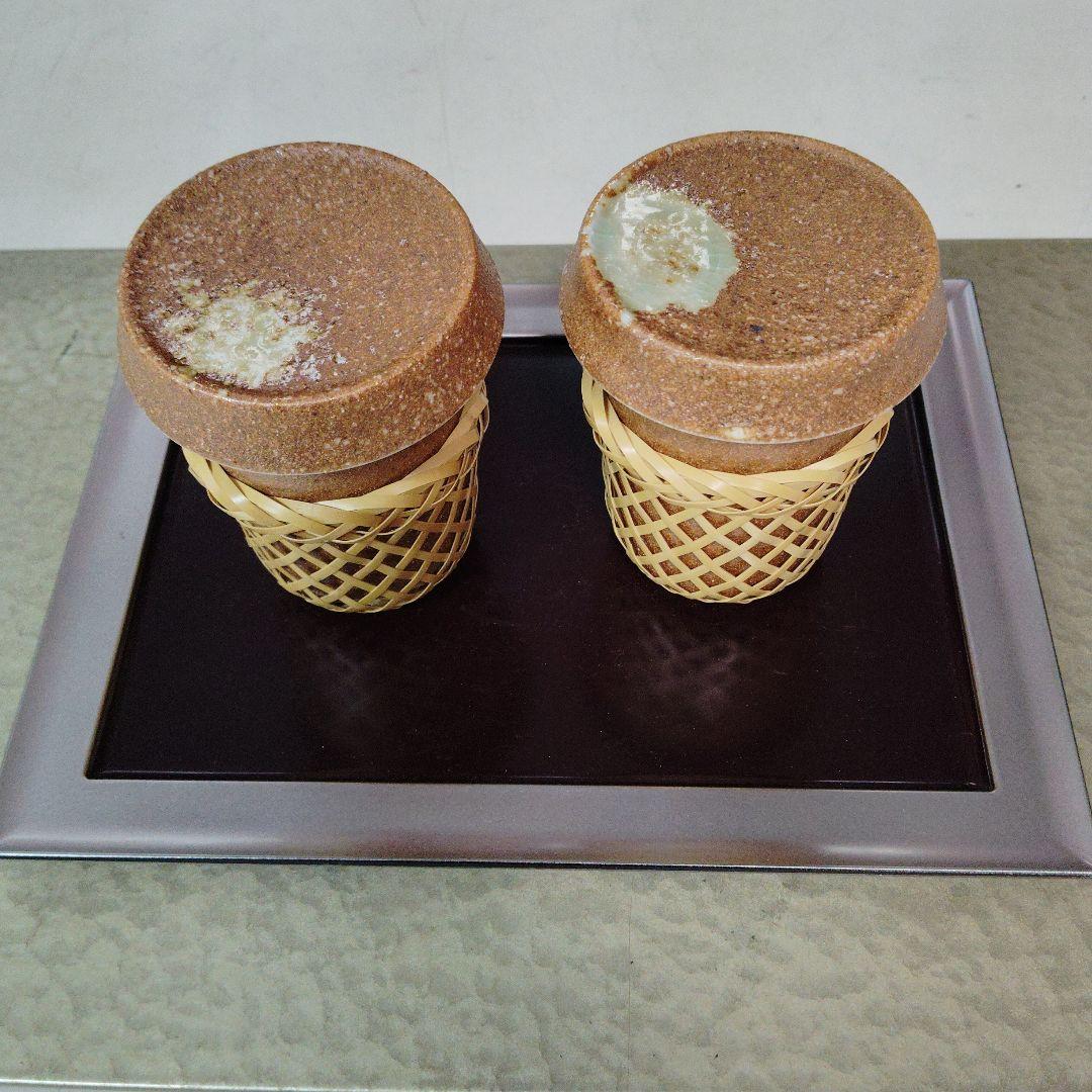 伊賀織部ひれ酒カップ4個、竹製カバー4個、新品、未使用、ひばり