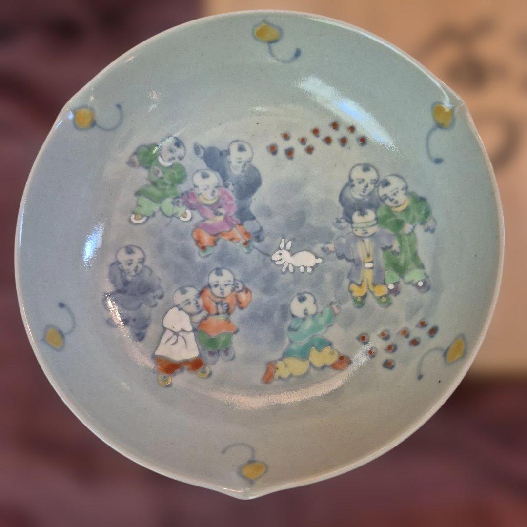 有田焼　佐藤走波　染錦唐子遊図三つなぶり