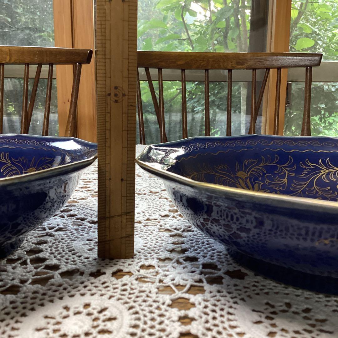 k19 菓子器　菓子鉢　2入　　青い陶器皿 金色の花模様　年代物