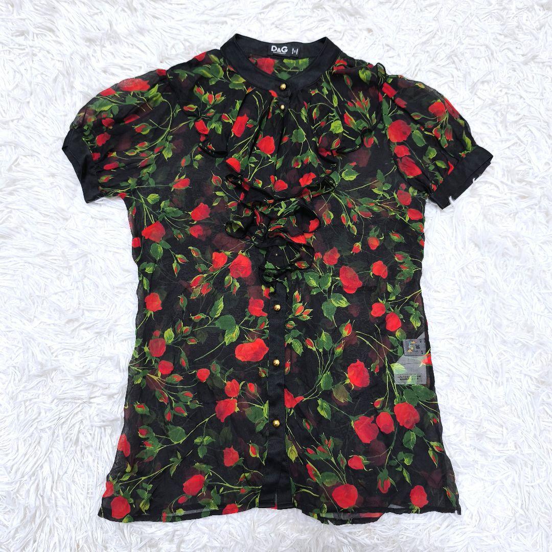 【美品】DOLCE＆GABBANA ドルガバ シルク フリル 薔薇柄 ブラウス