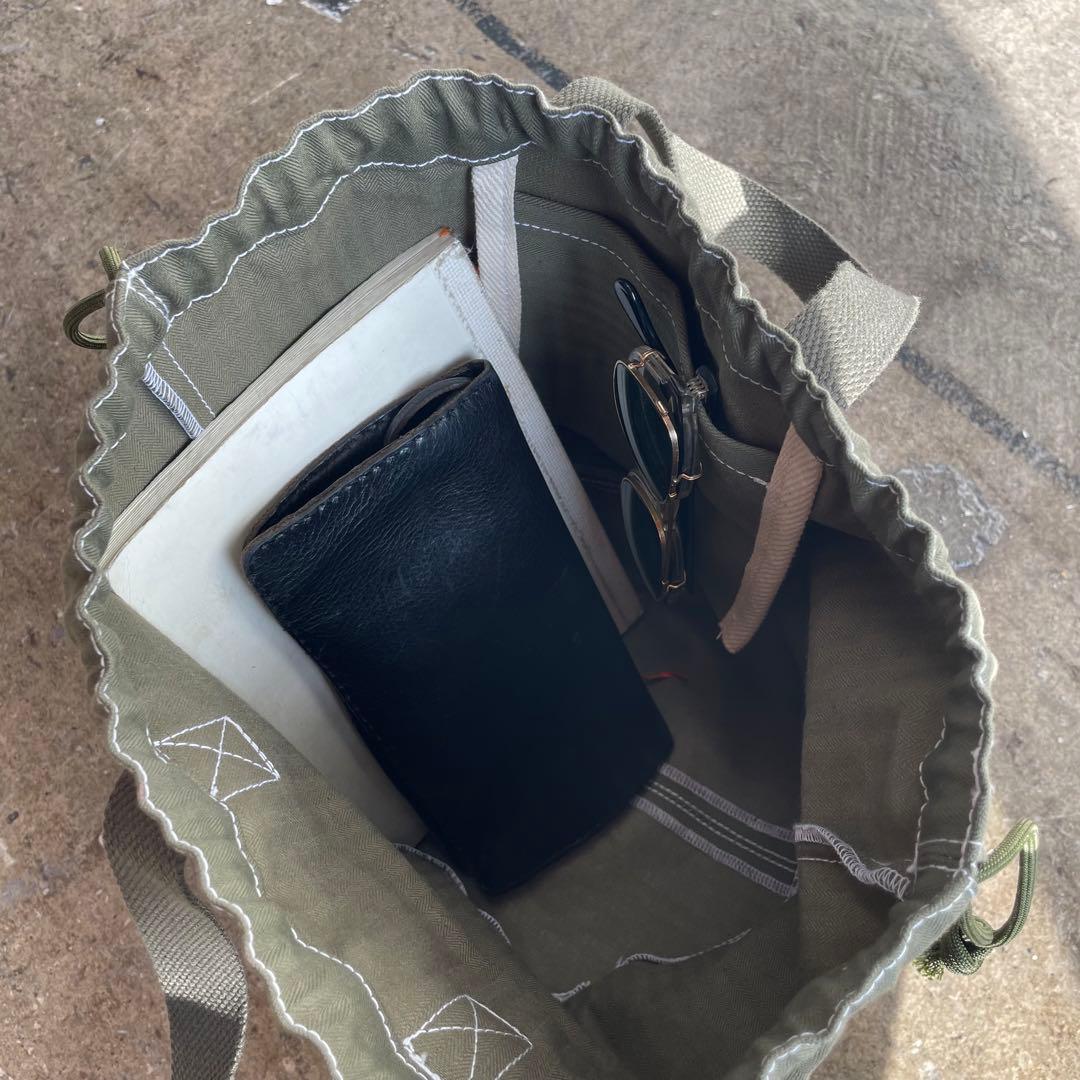 【巾着トートバッグ】ヘリンボーンツイル　ミリタリーカーキ　USARMY