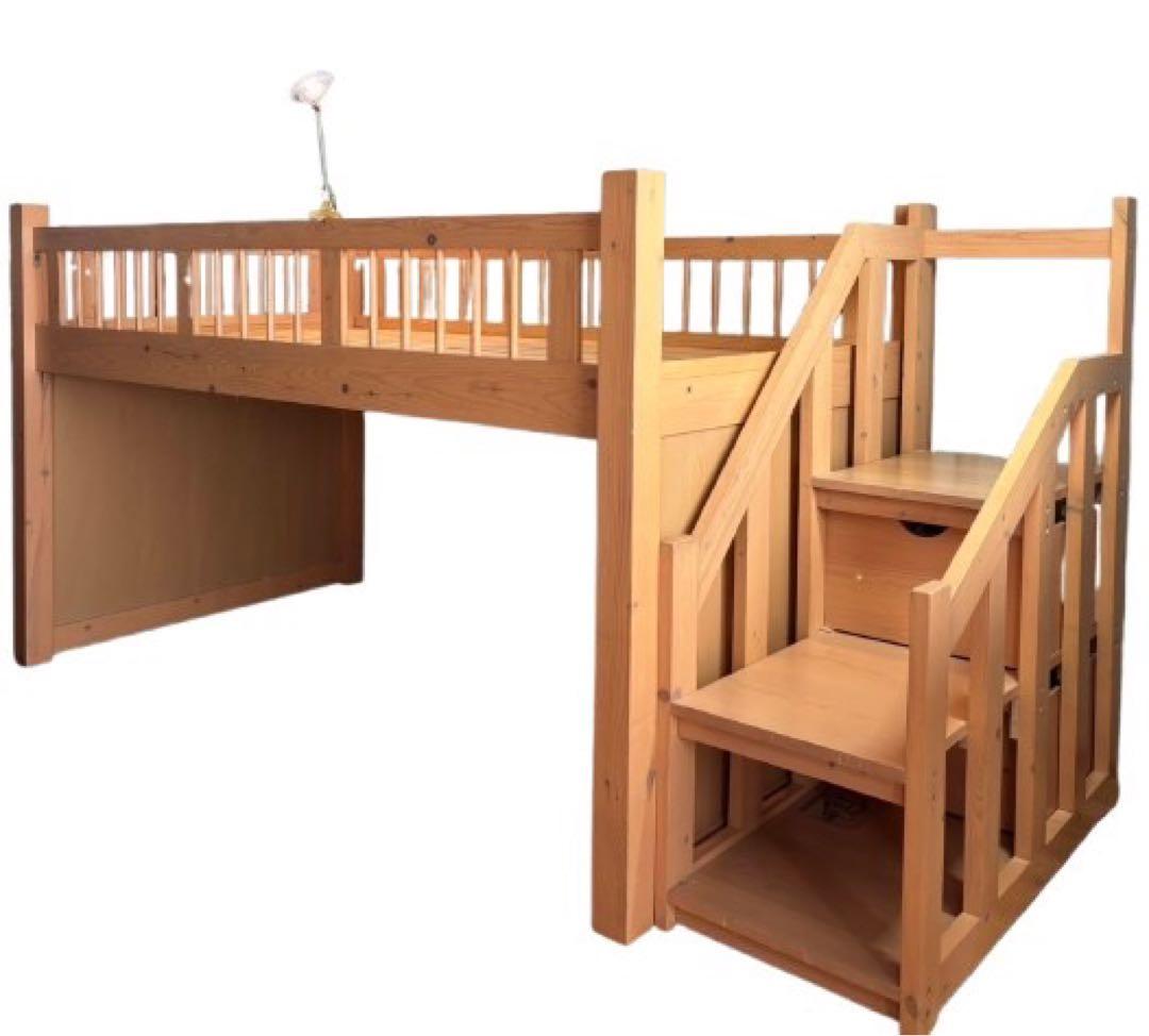 木製ロフトベッド（階段・引き出し2個付き収納抜群）ナチュラルカラー