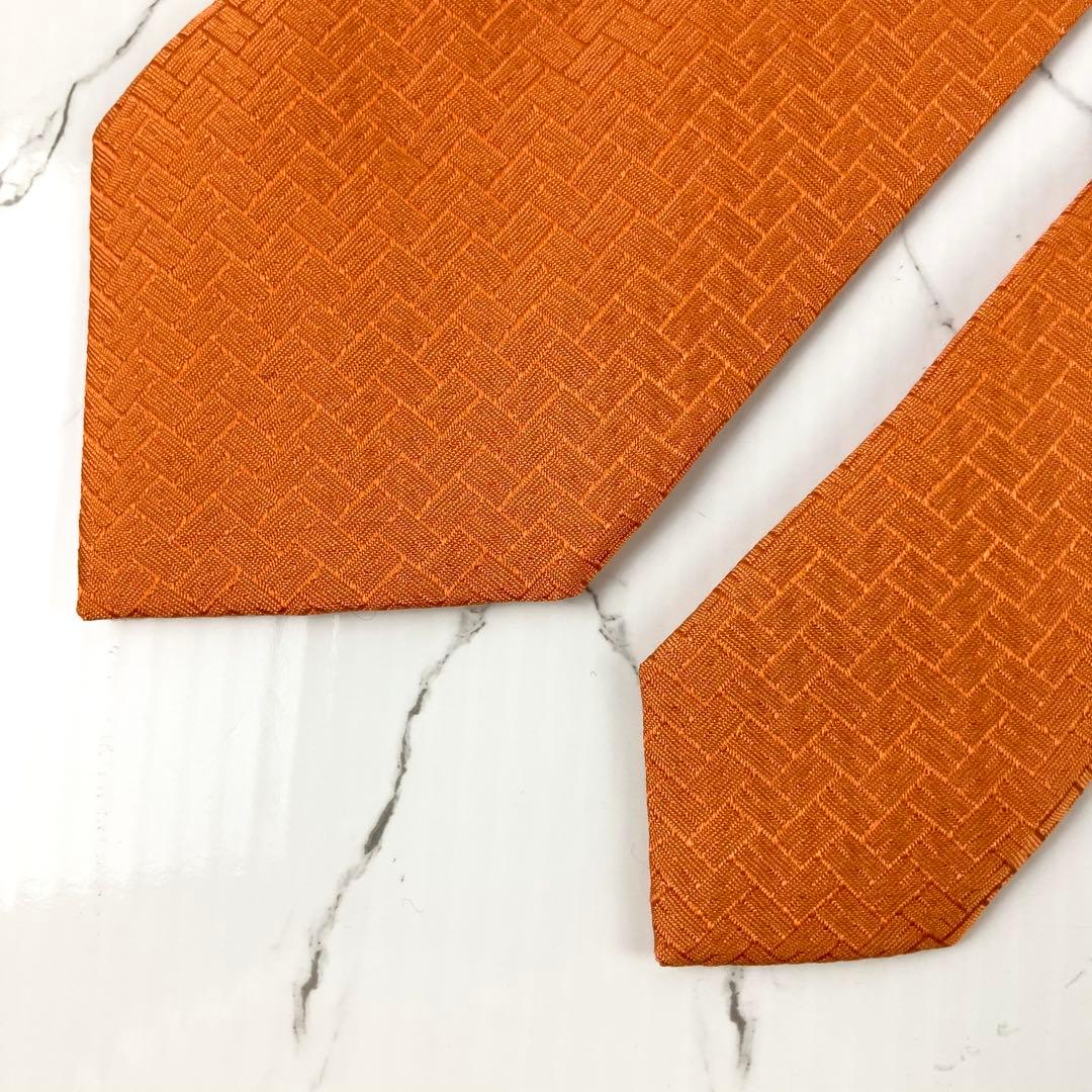 け。　極美品　エルメス　ネクタイ　ファソネ　H柄　H織　ソリッド　オレンジ