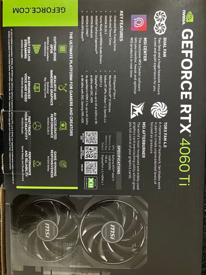 グラフィックボード・グラボ・ビデオカード MSI GeForce RTX 4060 ti 16 gb
