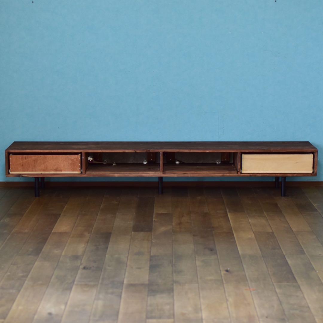 無垢材】テレビボード220㎝ダークブラウン色モルタル風　鉄脚