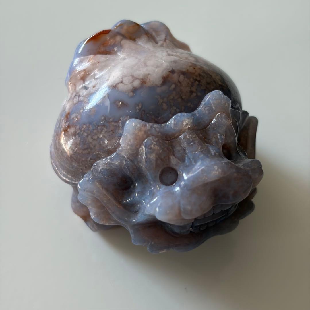 【レア】ブルーフラワーアゲート 天然石 置物 ロングイ 龍亀