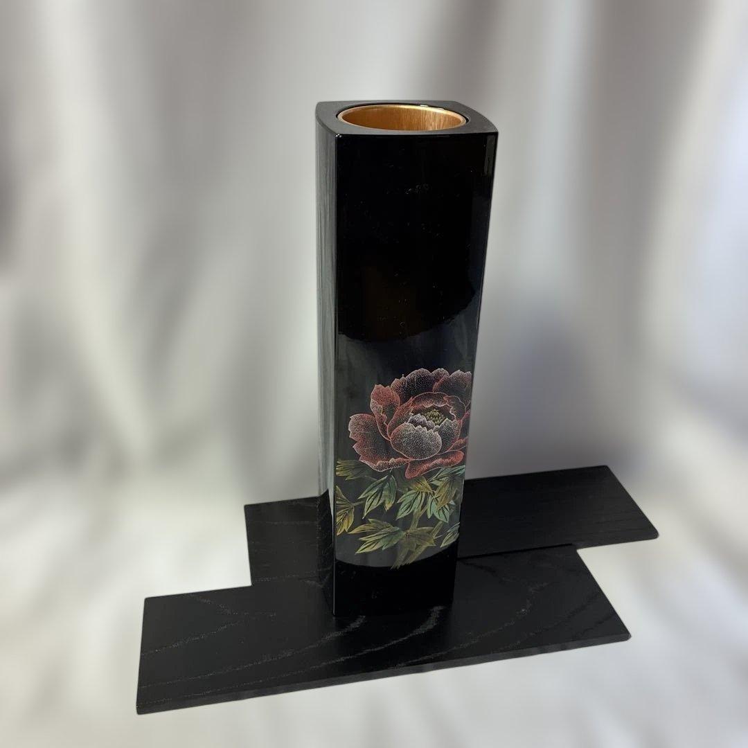 会津漆器 花器セット 黒 芍薬　花瓶 花生 角型 会津塗り 木繊 台付　漆器