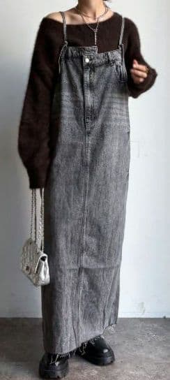 DouDou裾フリンジデニムジャンスカ　グレー