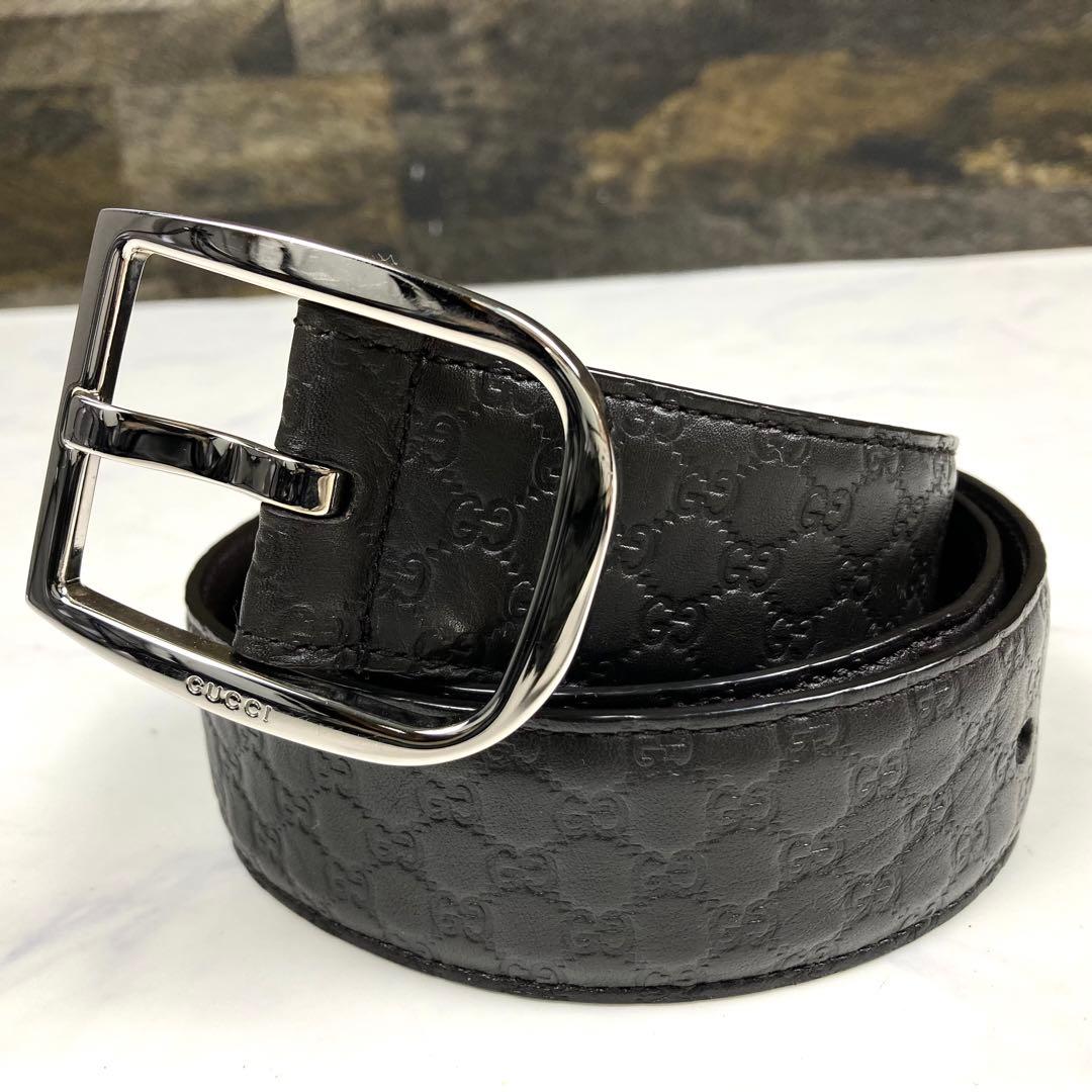 グッチ GG マイクロシマ レザー ベルト シルバー バックル メンズ