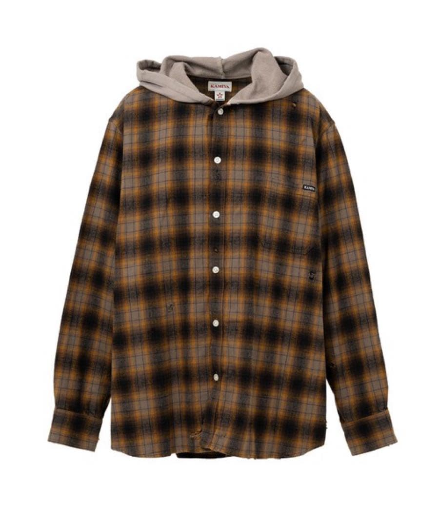KAMIYA　DISTRESSED HOODED CHEAKED SHIRT