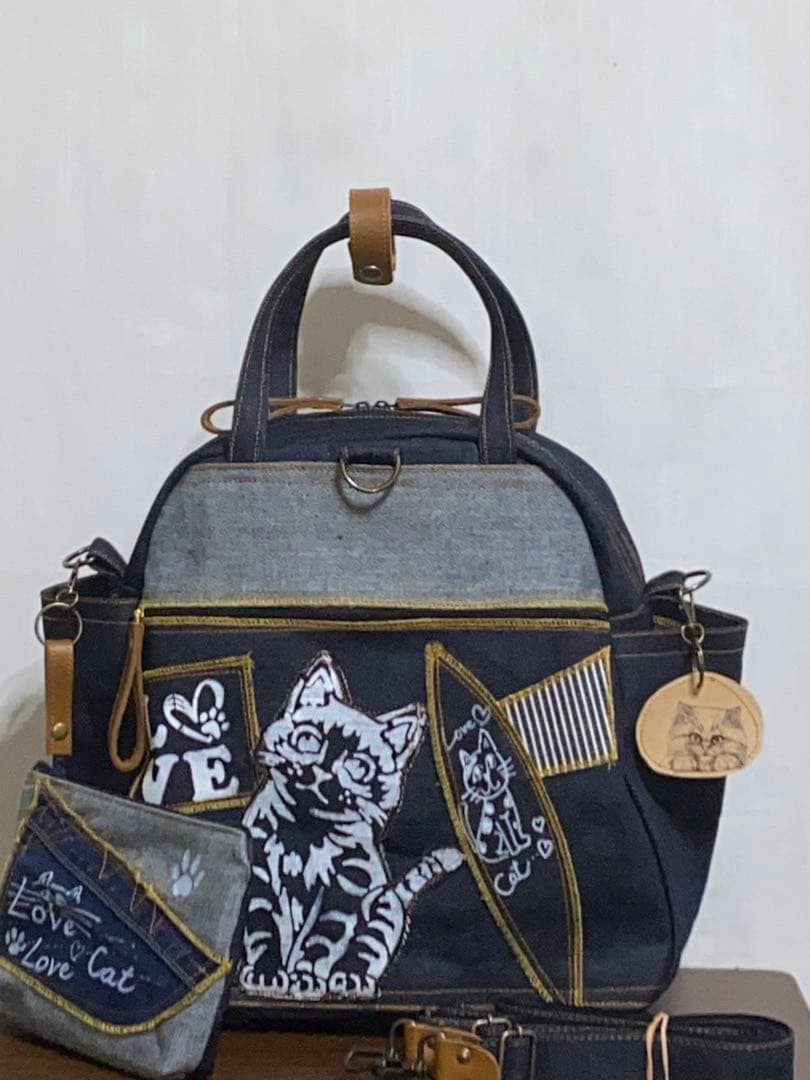 歳末セール☆岡山デニム☆ステンシル☆トラネコ☆4wayボストンバッグ