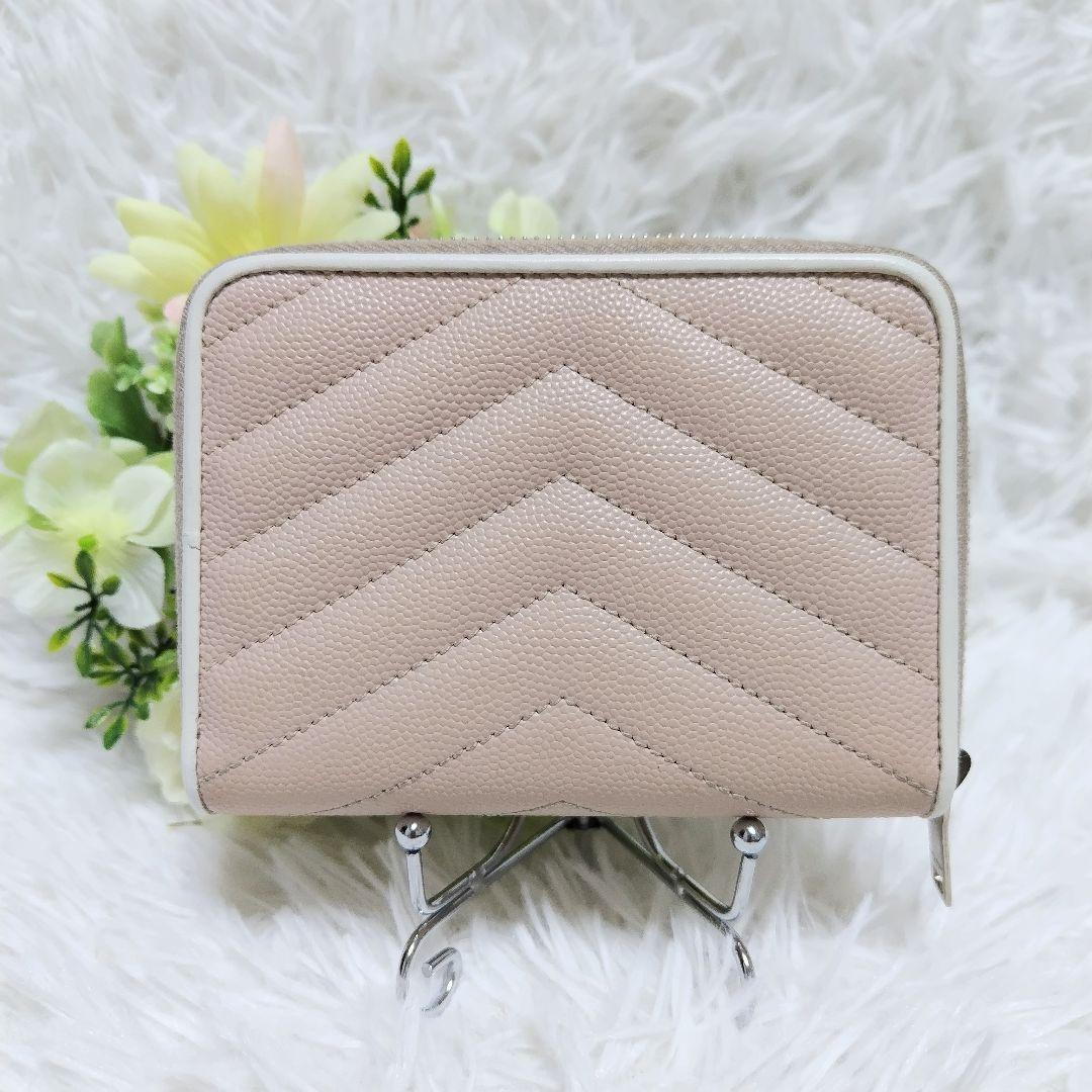 レア美品✨サンローラン◇バイカラー二つ折り財布　Vキルティングカサンドラ白ピンク