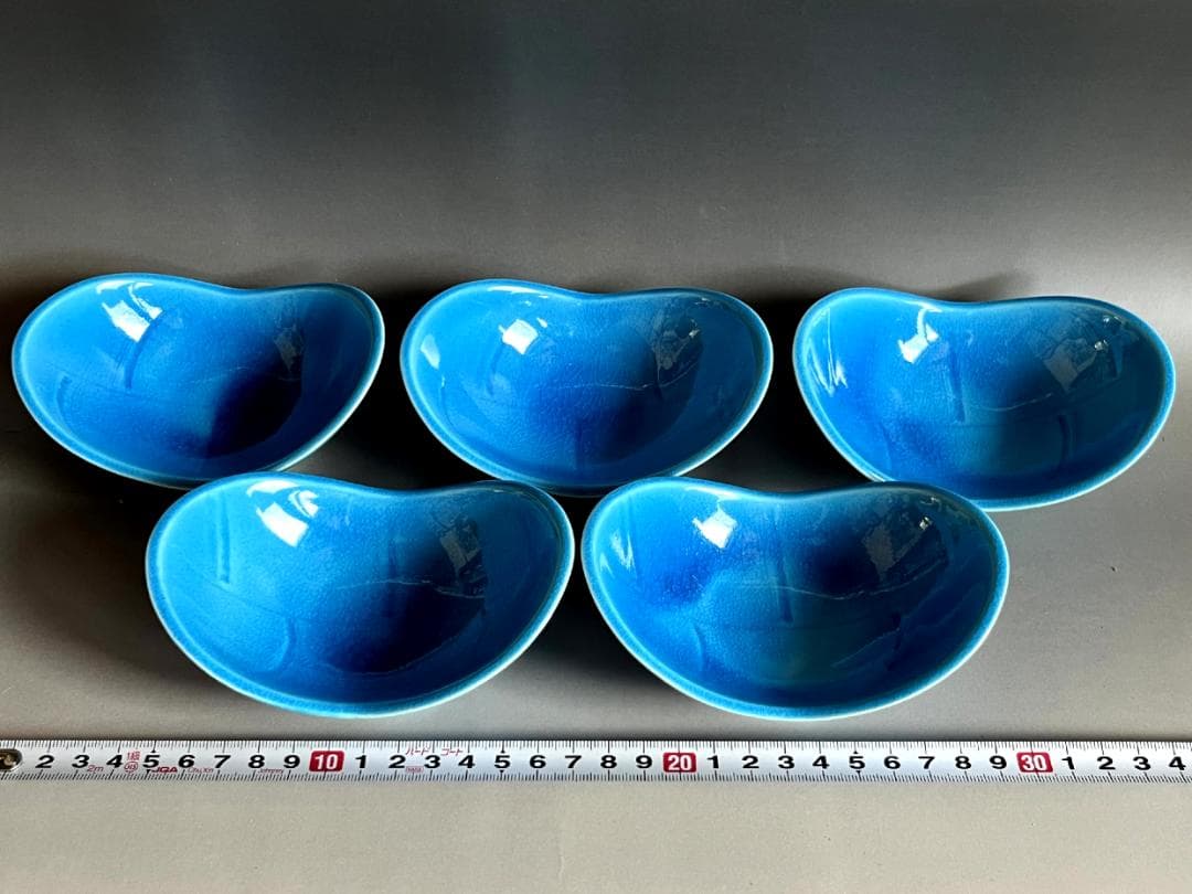 鉢■向付 青釉 トルコ釉 5客 双葉小鉢 日本料理皿 和食器 土物 時代物骨董■